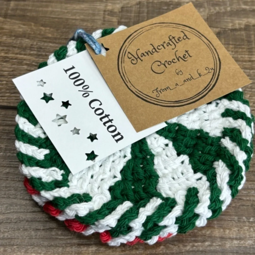 Handcrafted Crochet Peppermint Coasters Christmas‎ Holiday Set of 4 Cotton